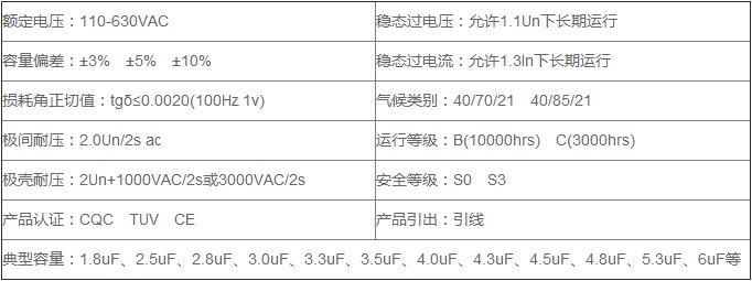 空調(diào)風(fēng)機(jī)電容器技術(shù)參數(shù)表